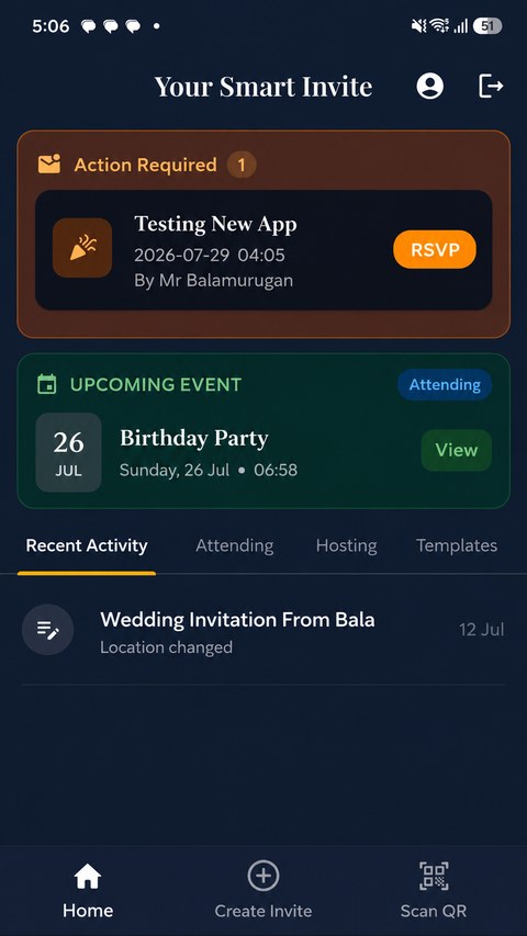 Home screen showing an action-required invite and an upcoming event