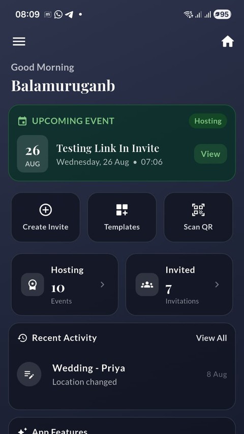 Home screen showing the upcoming event, quick actions, hosting and invited counts, and recent activity
