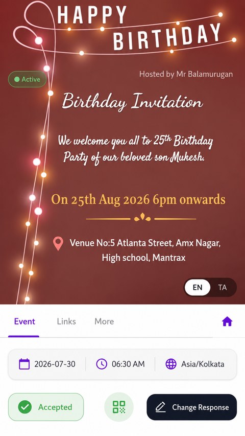 A designed birthday invitation, shown in English